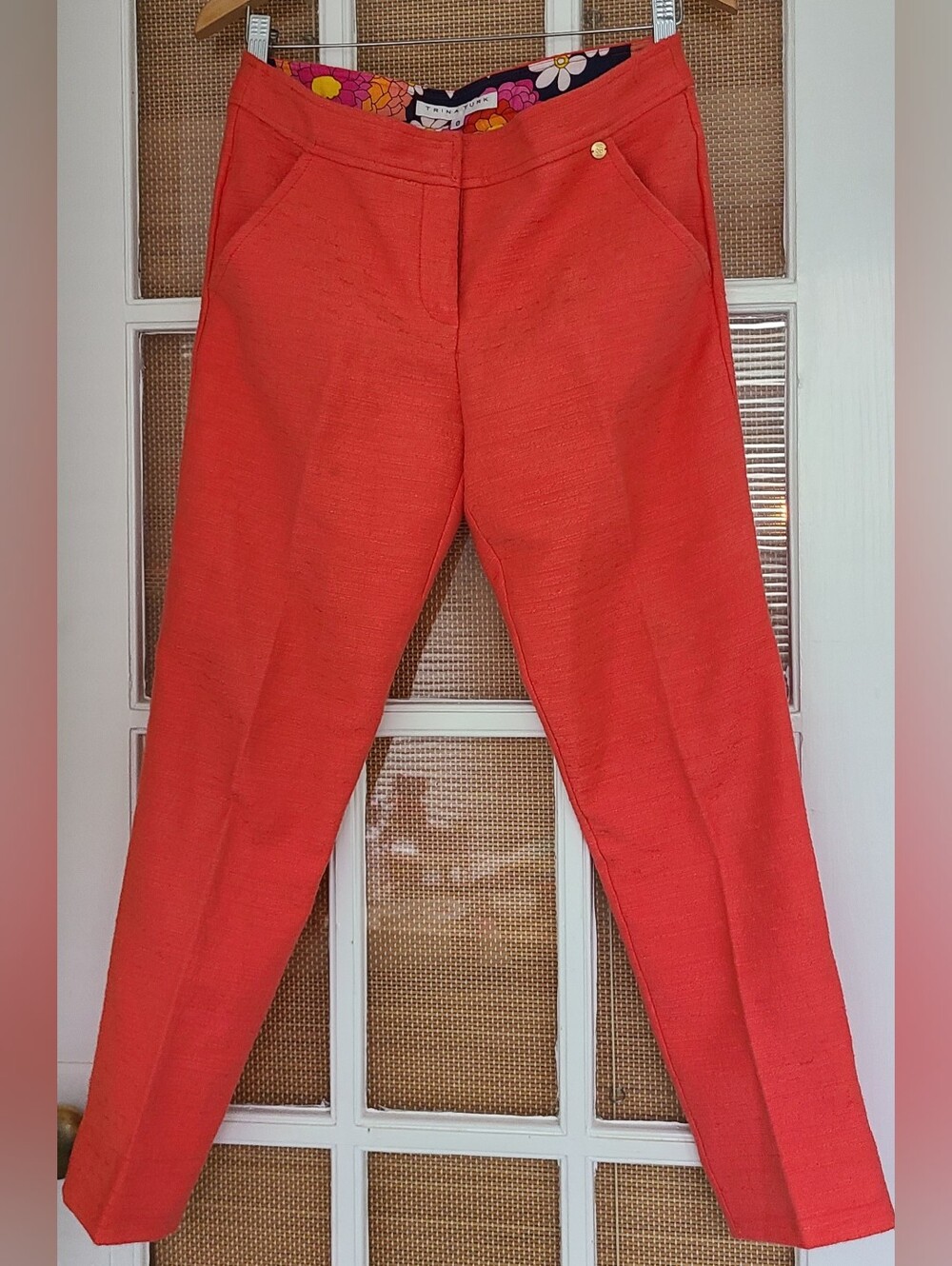 Trina Turk Coral Orange Textured Straight Leg Ankle Crop Dress Pants 0